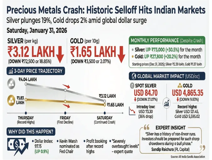 Silver collapses 19% to Rs 3.12 lakh per kg as strong dollar triggers global selloff