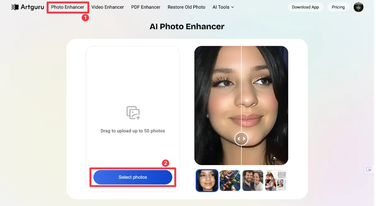 Choose “Photo Enhancer” and upload your photos for enhancement