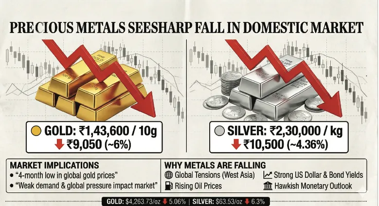 Gold tumbles Rs 9,050, silver declines by Rs 10,500/kg